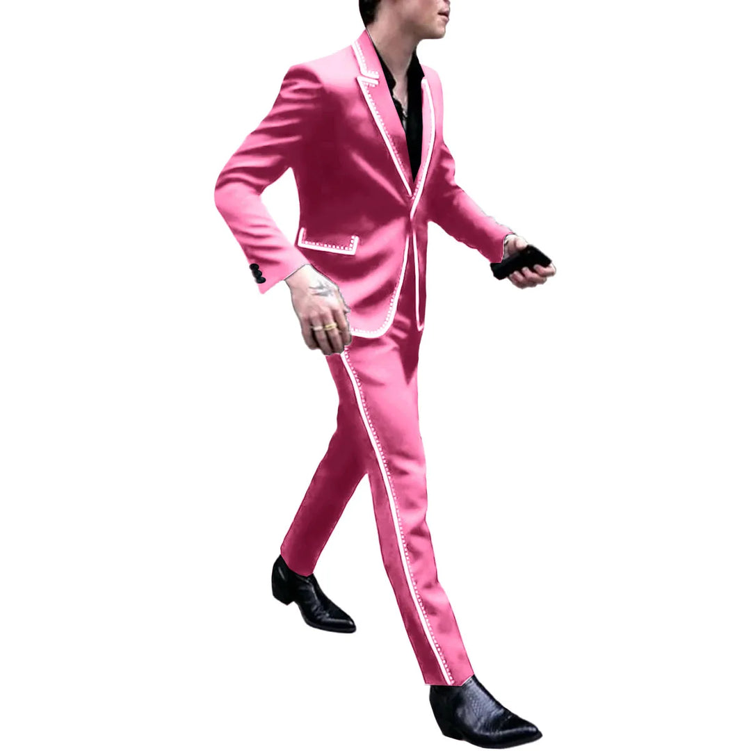 Men Luxury Black 2Pc Suit Single Breasted Silver Embellished Elegant Groomsmen Wedding Dinner Prom Party Personalized Coat Pant