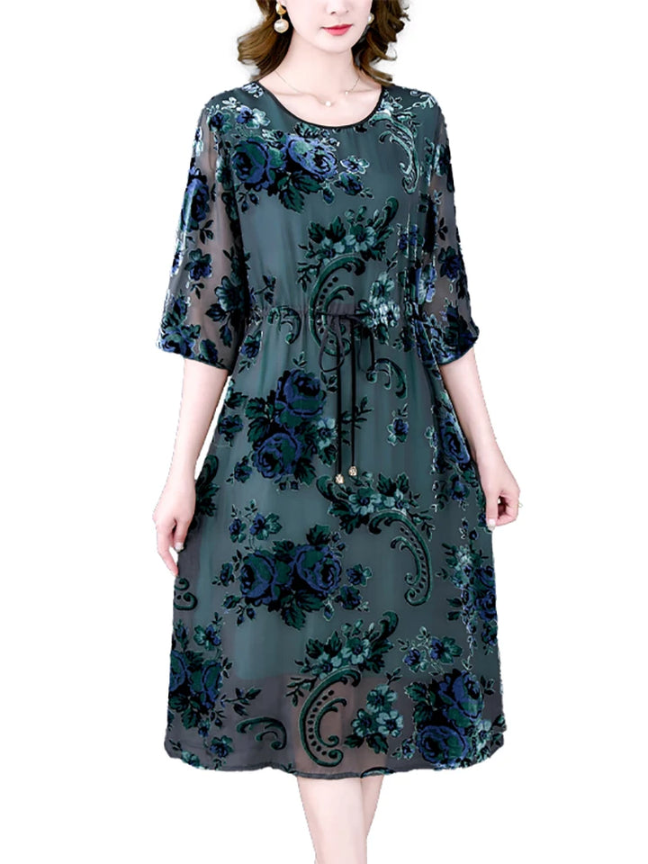 Elegant Floral Silk Midi Dress - High Quality, Korean Vintage Style
