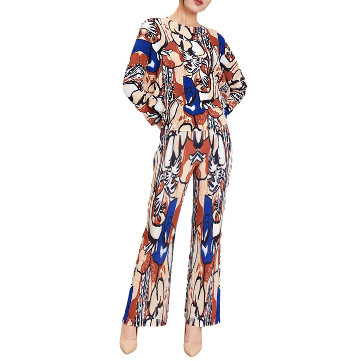 Miyake Pleated Sports Set Women's Spring 2024 New Fashionable and Fashionable High Grade Printed Sweater Two Piece Set