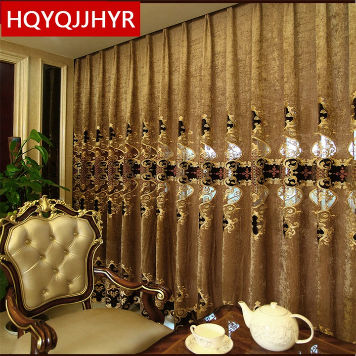 European luxury King Queen brown embroidered gold curtains for the living room with the sheer luxury hotels suitable for bedroom