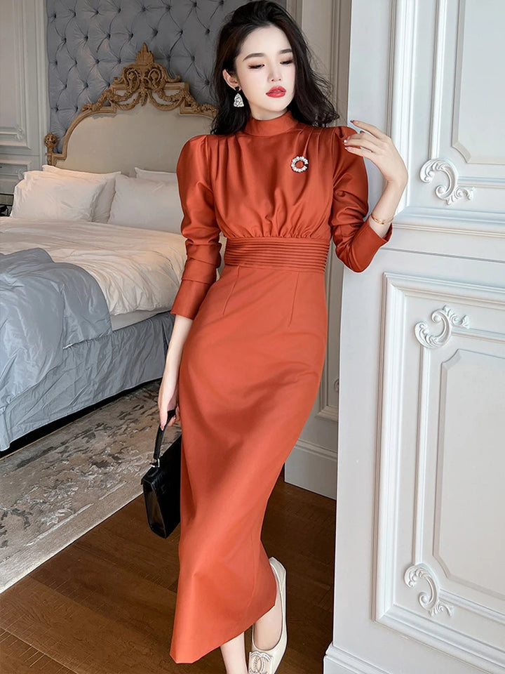 Retro Elegant Bubble Sleeve Professional Dress for Women - High Waist Wrap Hip Slit Midi Robe Femme OL Work Style Vestidos