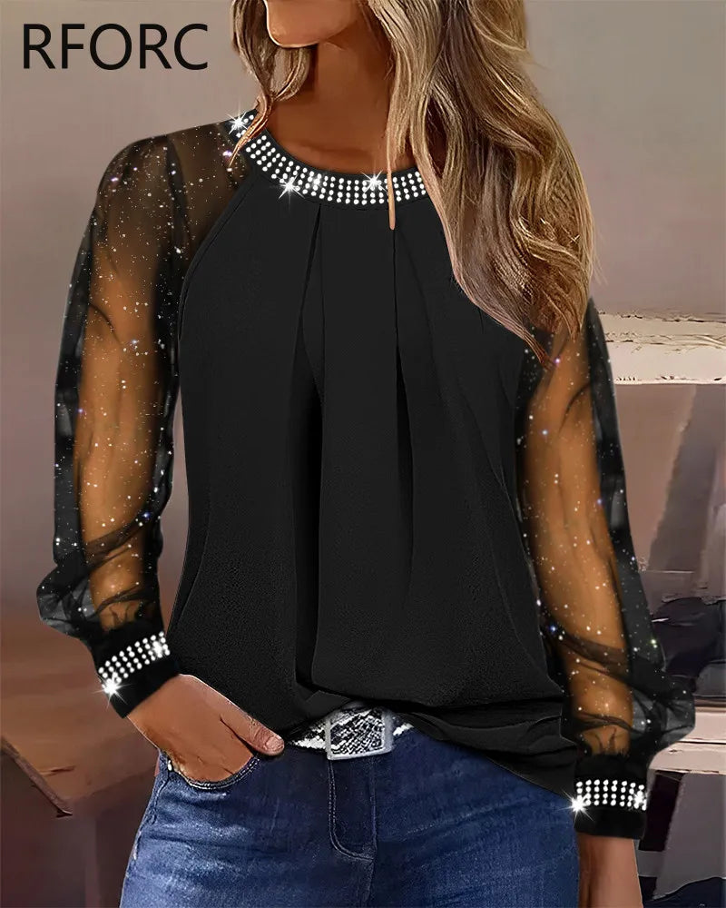 Stunning Black Blouse with Glitter Rhinestone Detailing - 2023 Collection