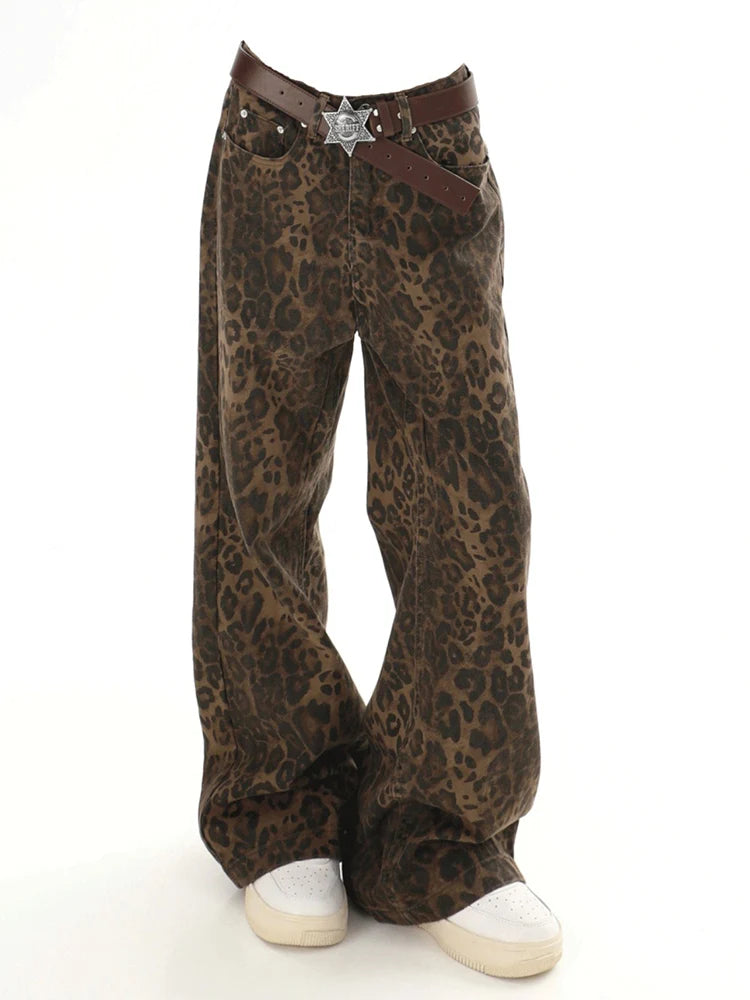 Get Ready to Roar in These Y2K Leopard Print Jeans - Perfect for Streetwear!