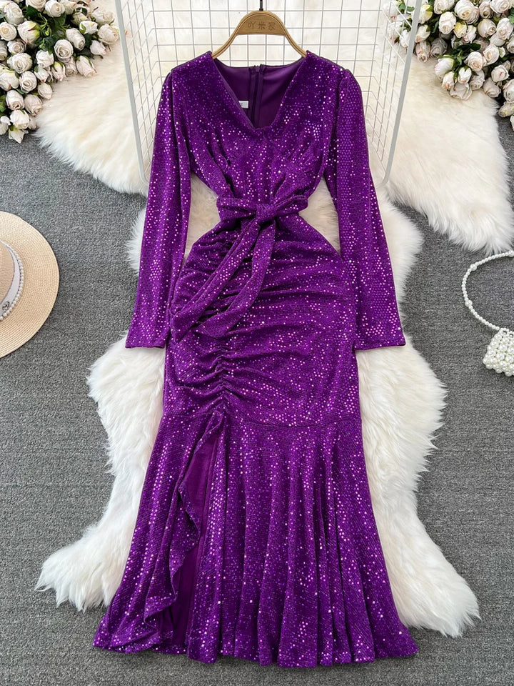 XFPV Elegant V-neck Sequins Dress