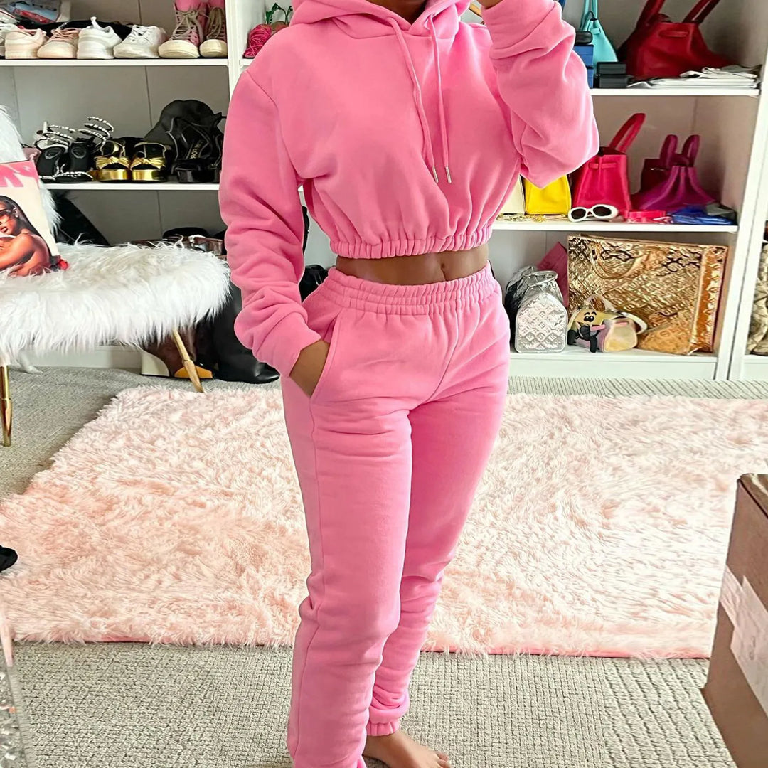 Winter Women's Hood Tracksuit Sweatsuit Set Solid Color Nude Velvet  Joggers Pullover Hoodies And Sweat Pant Two Piece Sets