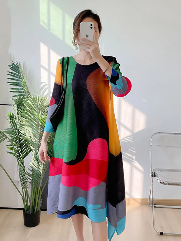 Miyake Pleated Contrast Color Dress Women's Round Neck Loose Irregular Printing Dresses Female 2023 Autumn Summer Prom Dresses