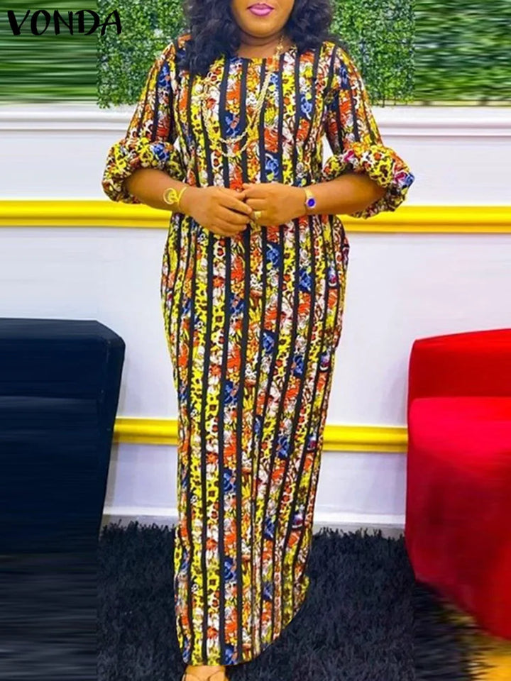 VONDA Plus Size 5XL Bohemian Women Printed Maxi Dress 2023 Autumn Lantern Sleeve Printed Casual Loose Sundress Vintage Vestidos