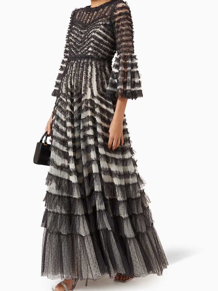 CHICEVER Spliced Patchwork Mesh Dress - Flare Sleeve, High Waist, Casual, Loose A Line - Autumn, Women