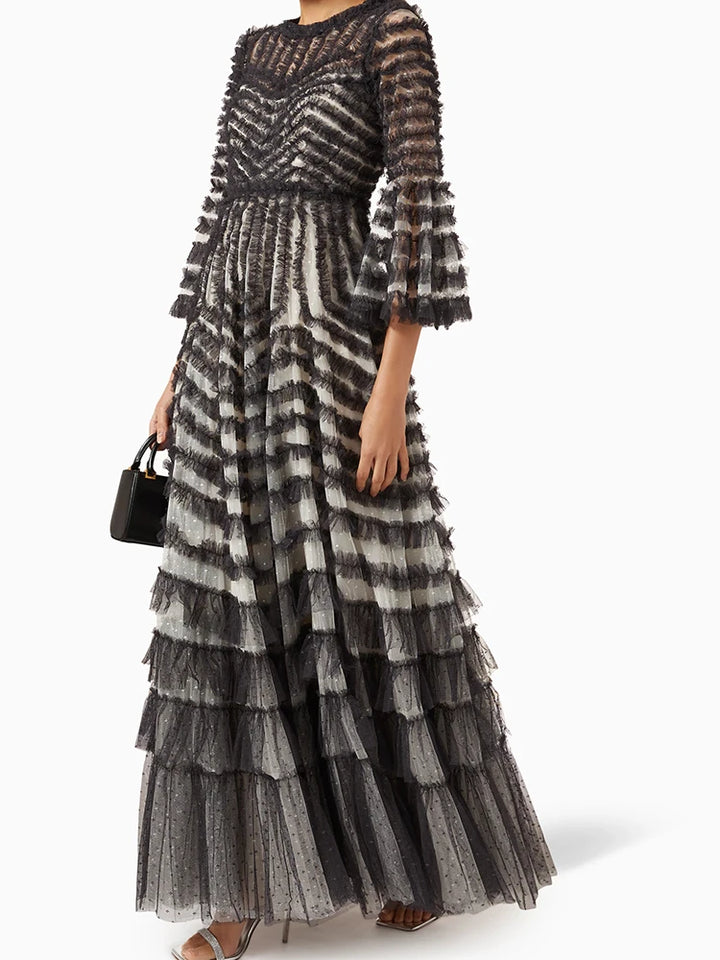 CHICEVER Spliced Patchwork Mesh Dress - Flare Sleeve, High Waist, Casual, Loose A Line - Autumn, Women