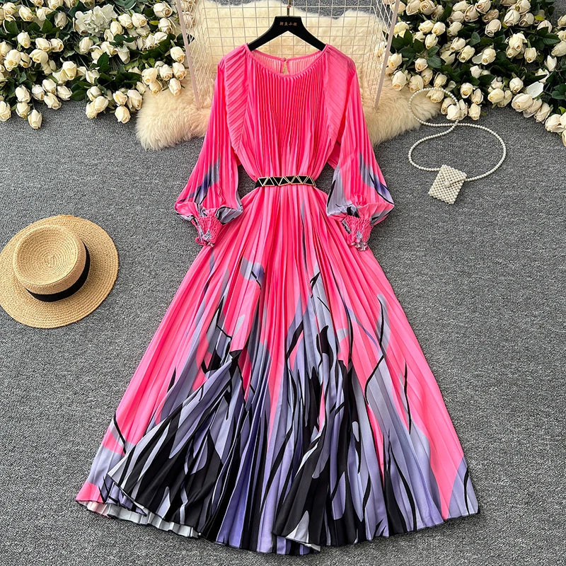 EWQ Elegant Print Pleated Women's Dress 2024