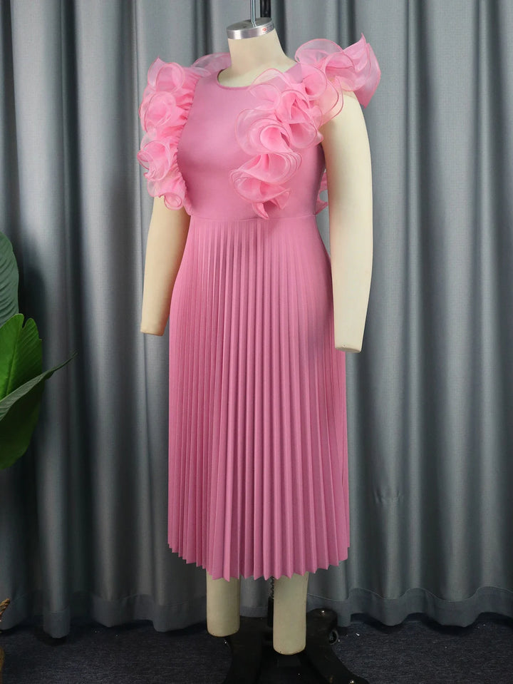 Pink Plus Size Pleated Dress - Ruffles Sleeveless A Line - Casual/Party/Evening/Birthday - 3XL/4XL/High Waist - 121cm