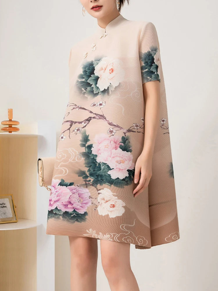 LANMREM Chinese Style Floral Print A-line Dress