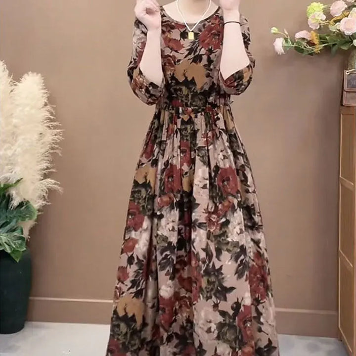 Vintage Floral A-Line Dress - Elegant Long Sleeve Women's Clothing