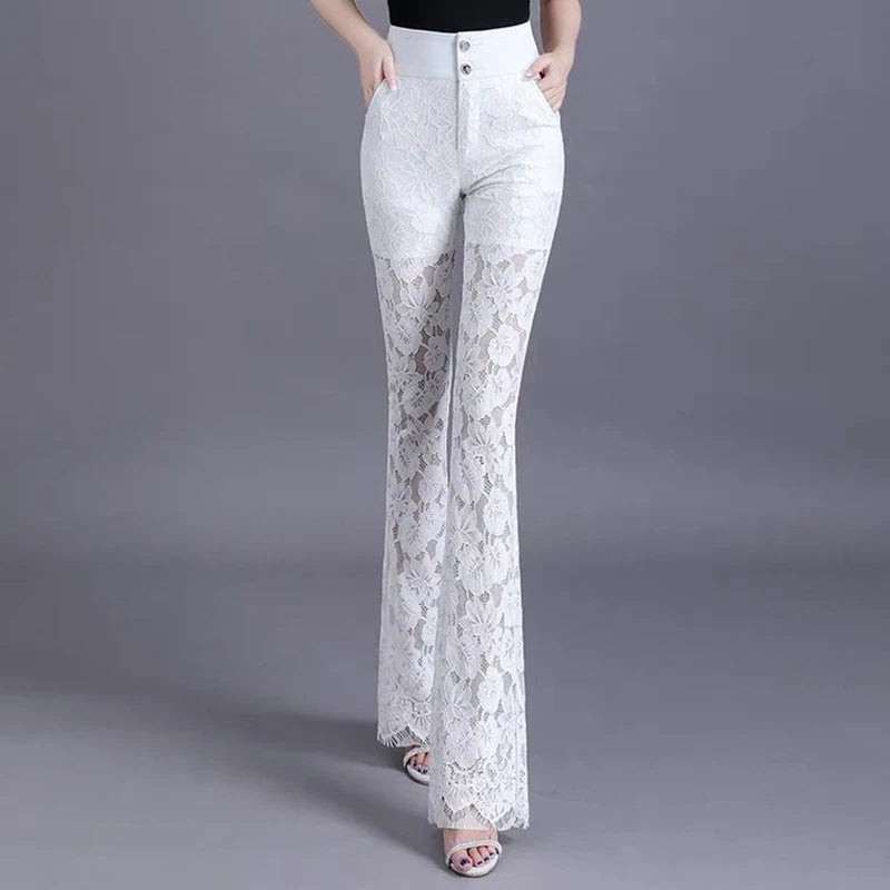 Korean Fashion Lace Patchwork Flare Pants - High Waist, Thin & Elegant for Women - 2023 Collection