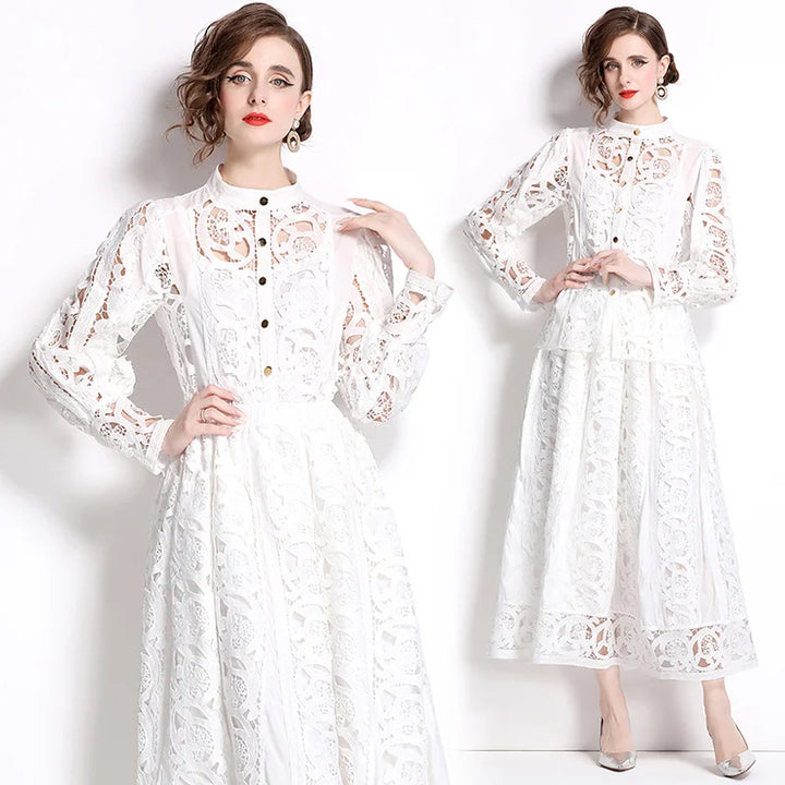 Summer Autumn Flower Embroidery White Lace Two Piece Women Set Shirt Tops And Midi Skirts Suits Fashion Outfits