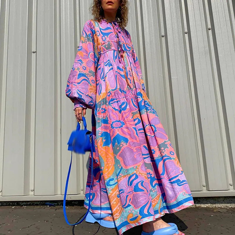 Boho Floral Print Maxi Dress - Vintage Style, Loose Fit, A-Line - Autumn Fashion