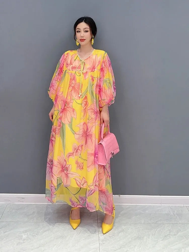 2024 Summer Chiffon Floral Dress - Elegant and Colorful Print - One Size Fits All