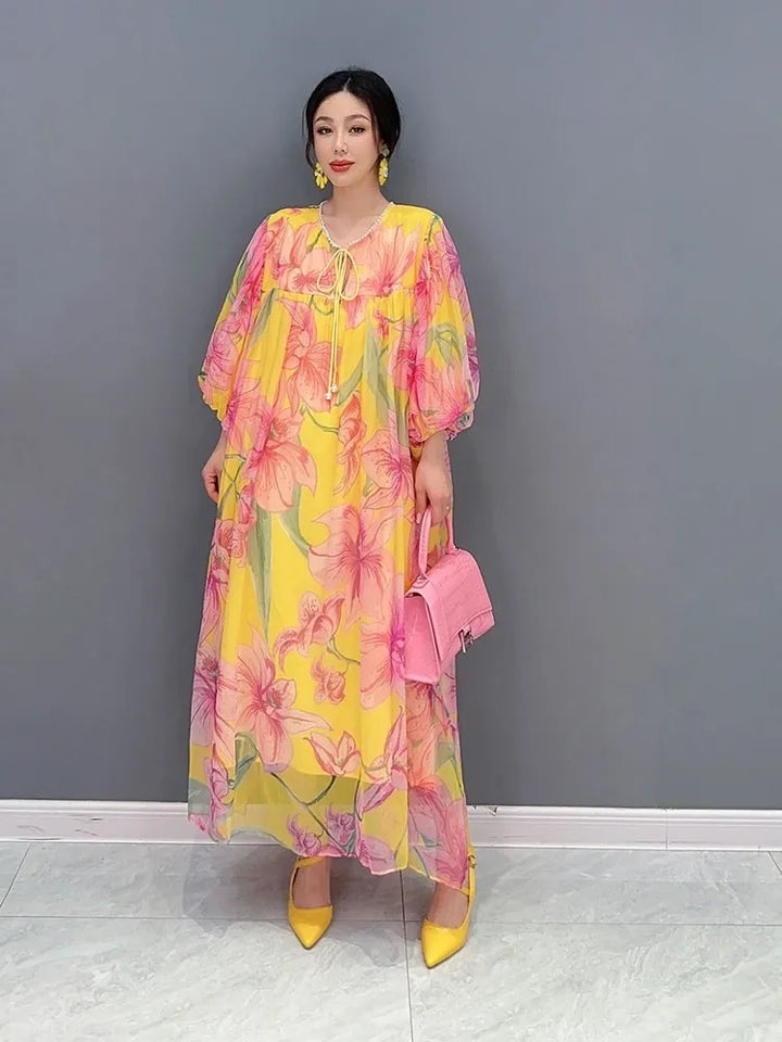 2024 Summer Chiffon Floral Dress - Elegant and Colorful Print - One Size Fits All