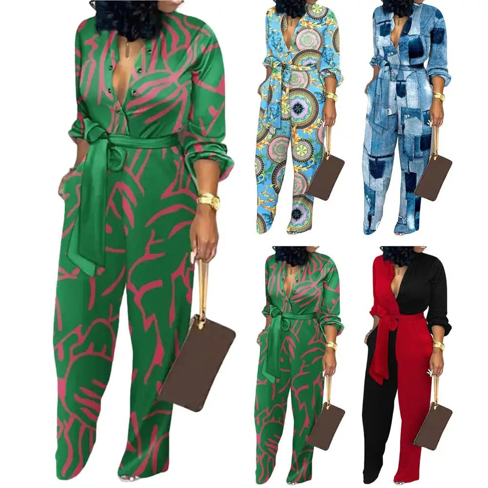 V-Neck Buttons Long Sleeve Women's Jumpsuit - Abstract Print, High Waist, Pockets