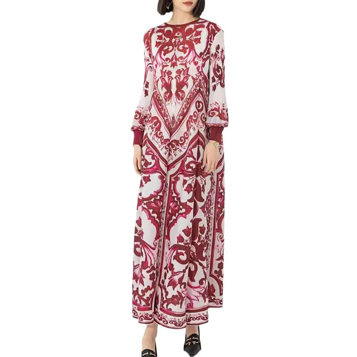 Retro Blue & White Porcelain Print Dress - Miyake Folds 2024 Spring Collection