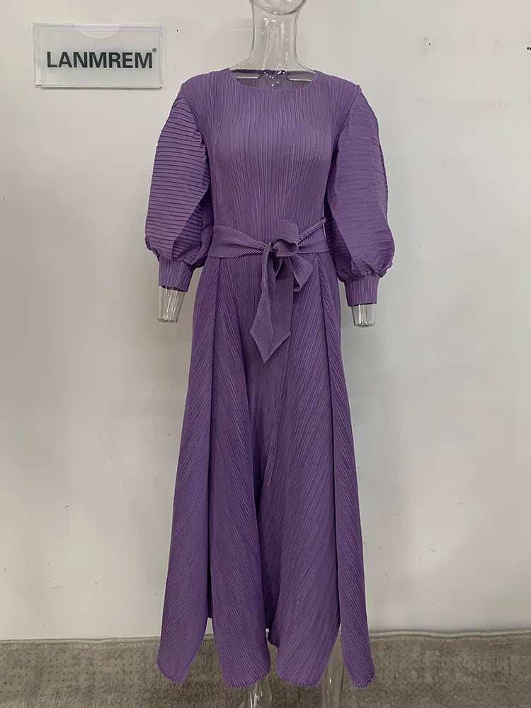 Stylish LANMREM Maxi Dress - High Waist, Long Sleeves, Pleated - 2024 Spring Collection