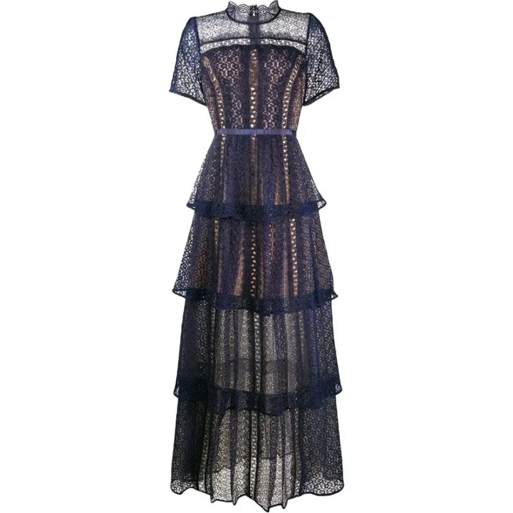 2023 Summer Maxi Dress: Dark Blue Lace Short Sleeve Slimming Multi-layer Cake Dress