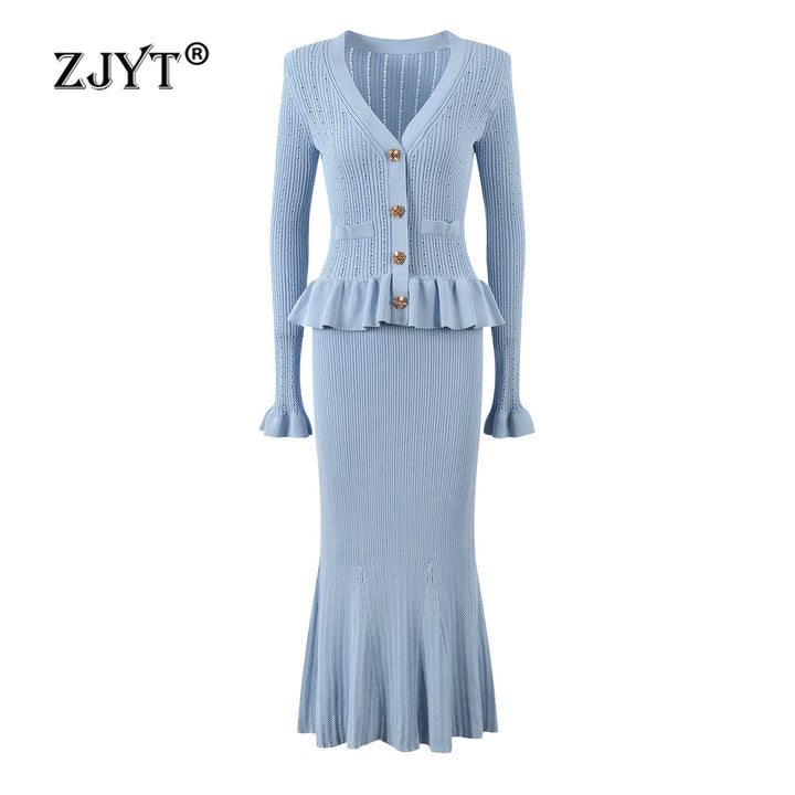 Elegant V Neck Ruffles Knit Sweater Dress