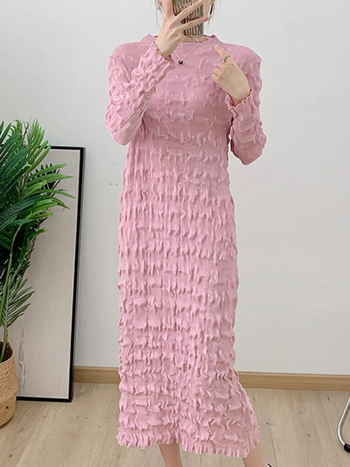 GVUW Pleated Slim Dress Women Round Collar Solid Full Sleeve Medium Long Female Fashion Temperament Pullover Dresses 17G8088