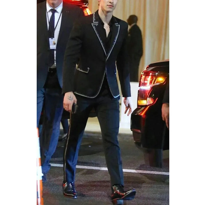 Men Luxury Black 2Pc Suit Single Breasted Silver Embellished Elegant Groomsmen Wedding Dinner Prom Party Personalized Coat Pant