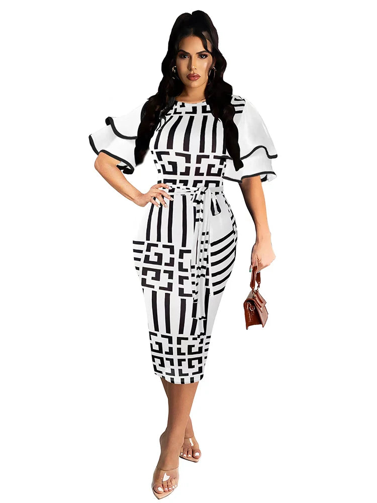 Geometric Printed Autumn Dress with Ruffle Sleeves and Belt - Elegant Midi Robe for Women 2023