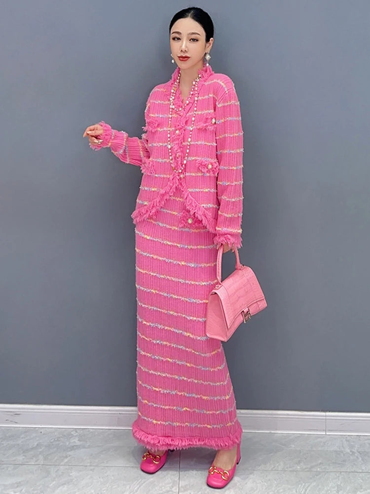 SHENGPALAE Temperament Women Two Piece Set Tassel V-neck Single Breasted Coat Light Luxury Female Skirt Autumn 2023 New 5R7051