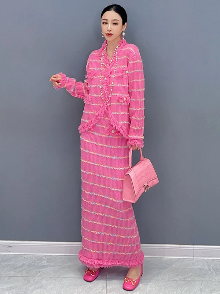 SHENGPALAE Temperament Women Two Piece Set Tassel V-neck Single Breasted Coat Light Luxury Female Skirt Autumn 2023 New 5R7051