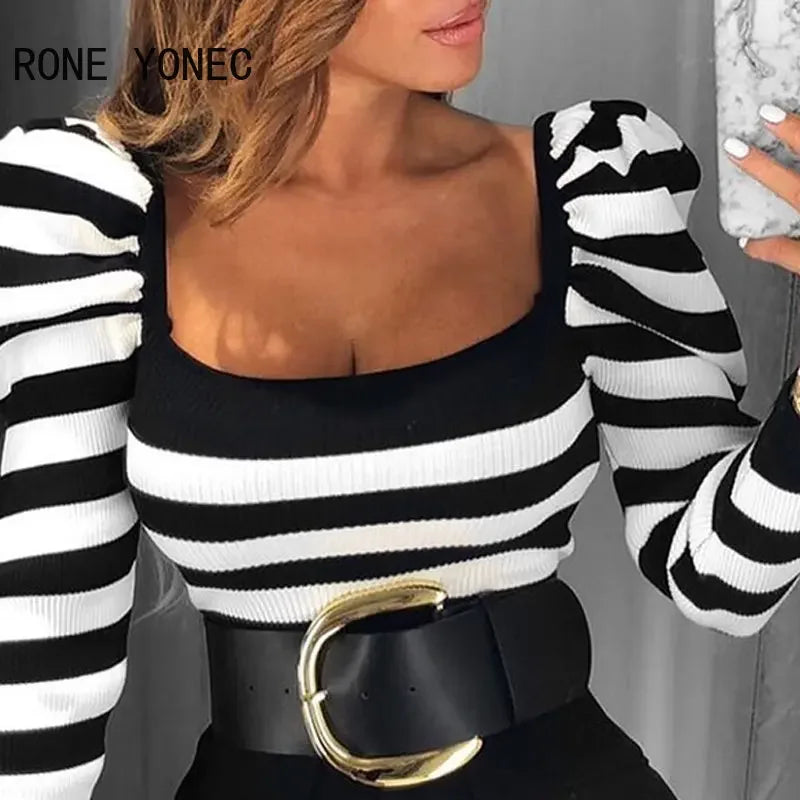 Upgrade Your Style with Women's Striped Bodycon Knit Top - Perfect Fit Guaranteed!