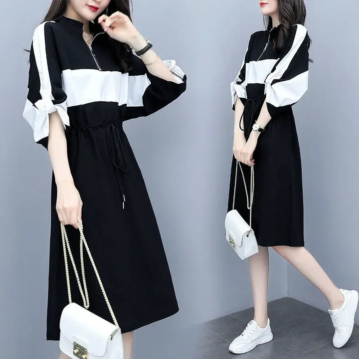 Korean Zipper Midi Dress - Loose Fit & Contrasting Colors - Women's Fashion