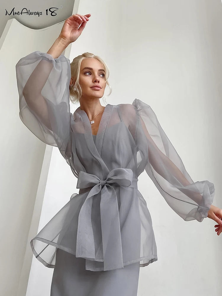 Y2K Lace Up Party Blouse: Mnealways18 Mesh Perspective Cardigan with Sashes & Puff Sleeves