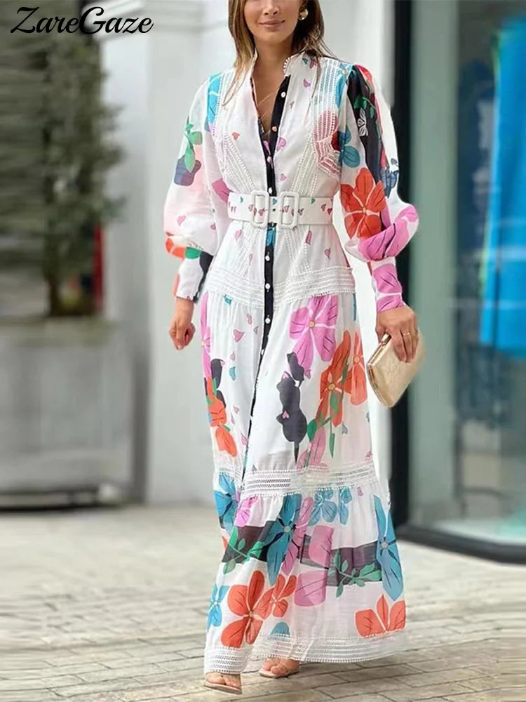 2024 Spring Summer Fashion Dress - Printed Lace V-Neck Loose Lady Robe with Buttoned Waistband