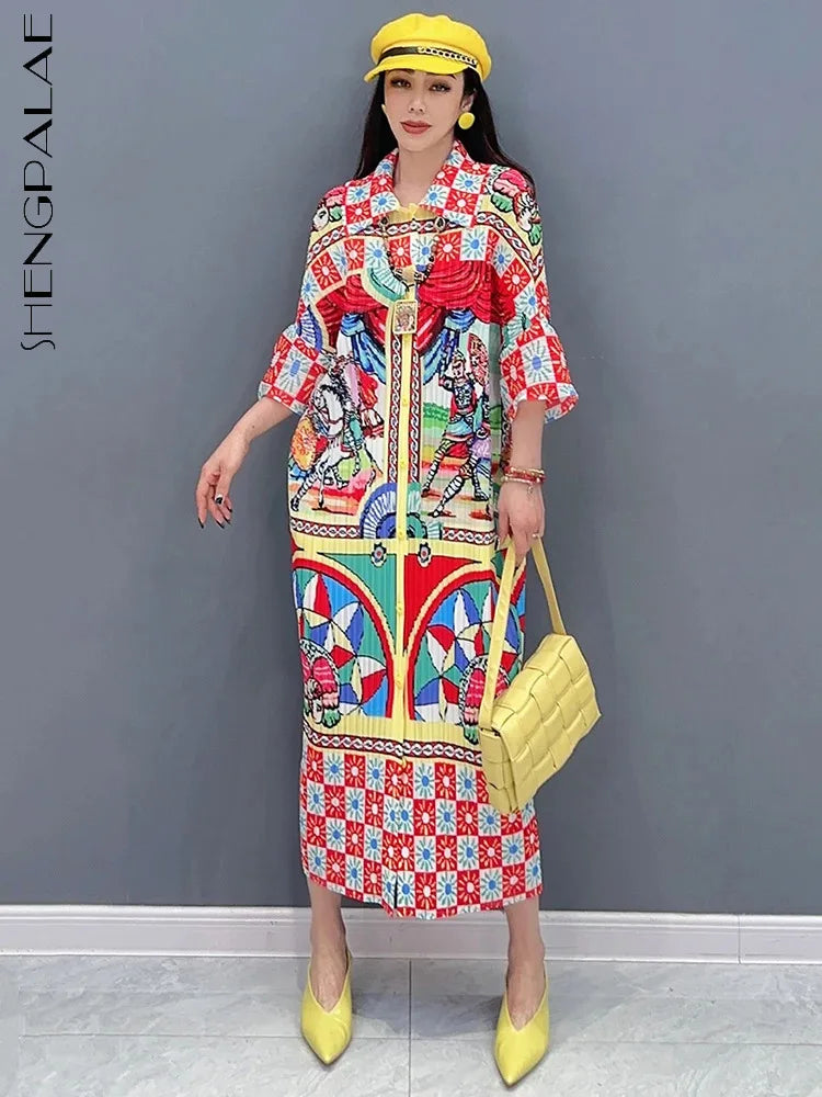 Chic Spring 2024 Printed Dress - Loose Fit, Folds Design, Three Quarter Sleeve - SHENGPALAE