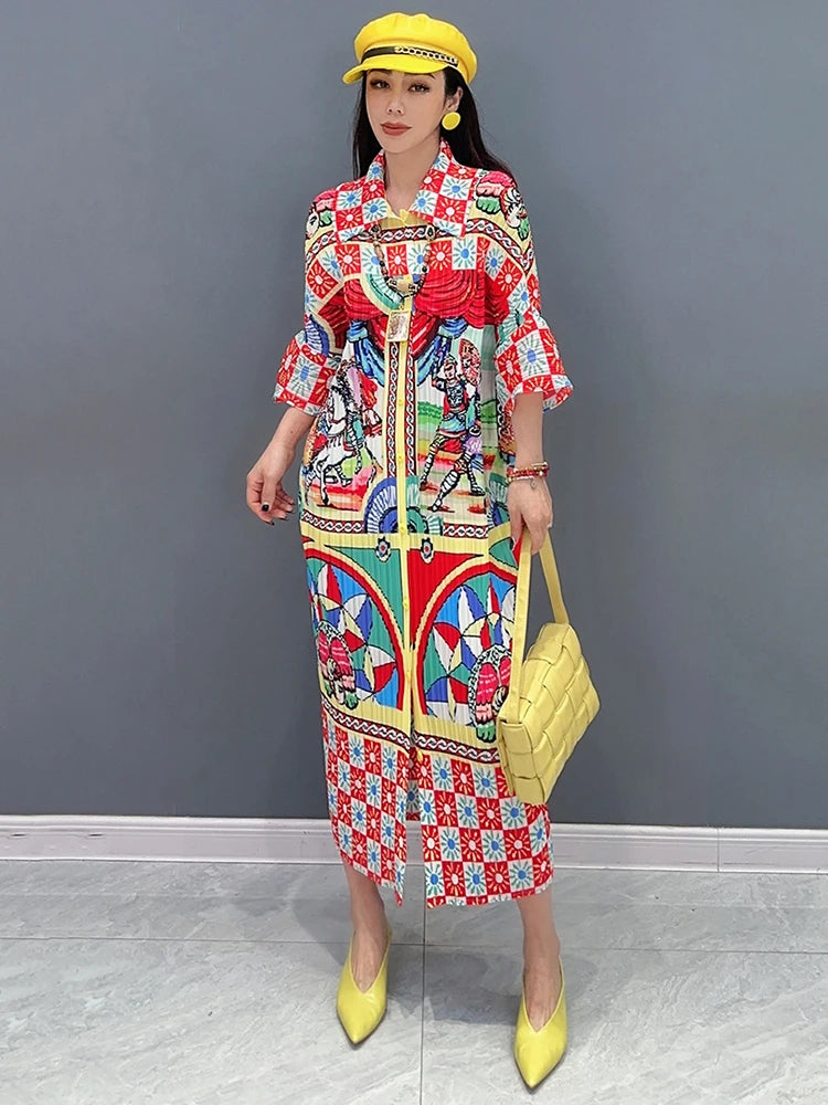Chic Spring 2024 Printed Dress - Loose Fit, Folds Design, Three Quarter Sleeve - SHENGPALAE