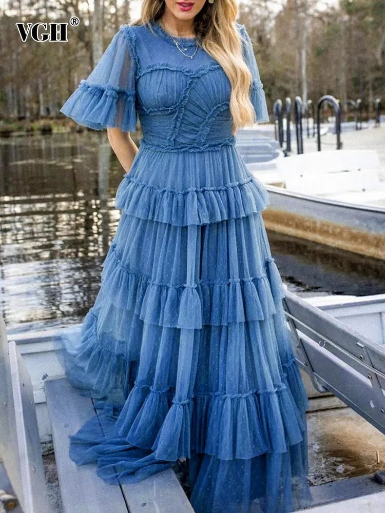 Vintage High Waist Mesh Dress: Round Neck, Short Sleeve, Tiered Design - Women's Fashion