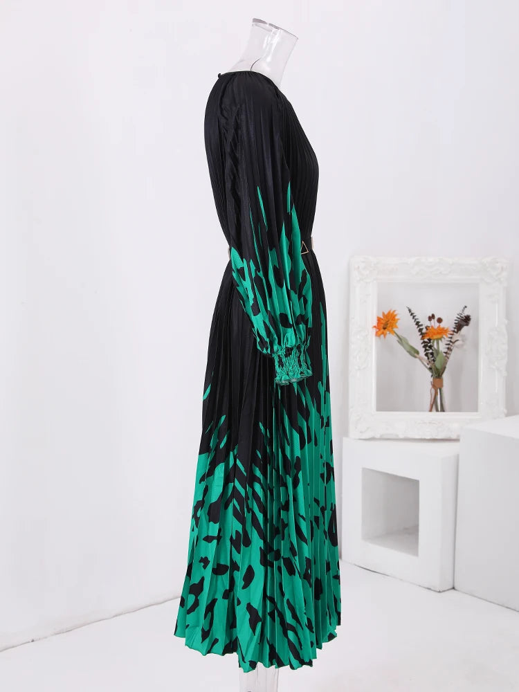 LANMREM Retro Print Pleated Long Dress For Women Lantern Sleeves Contrast Color Dresses Fashion 2024 Summer New Clothing 32C788