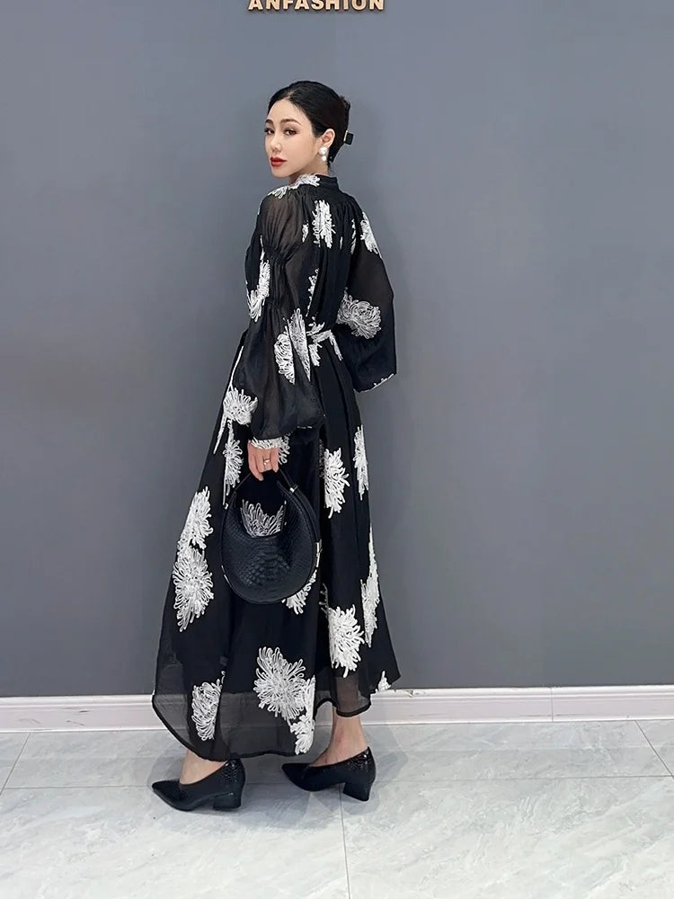 Stylish Black Fragmented Flower Dress - 2023 Autumn Collection - Size: One, Length: 115cm, Bust: 116cm