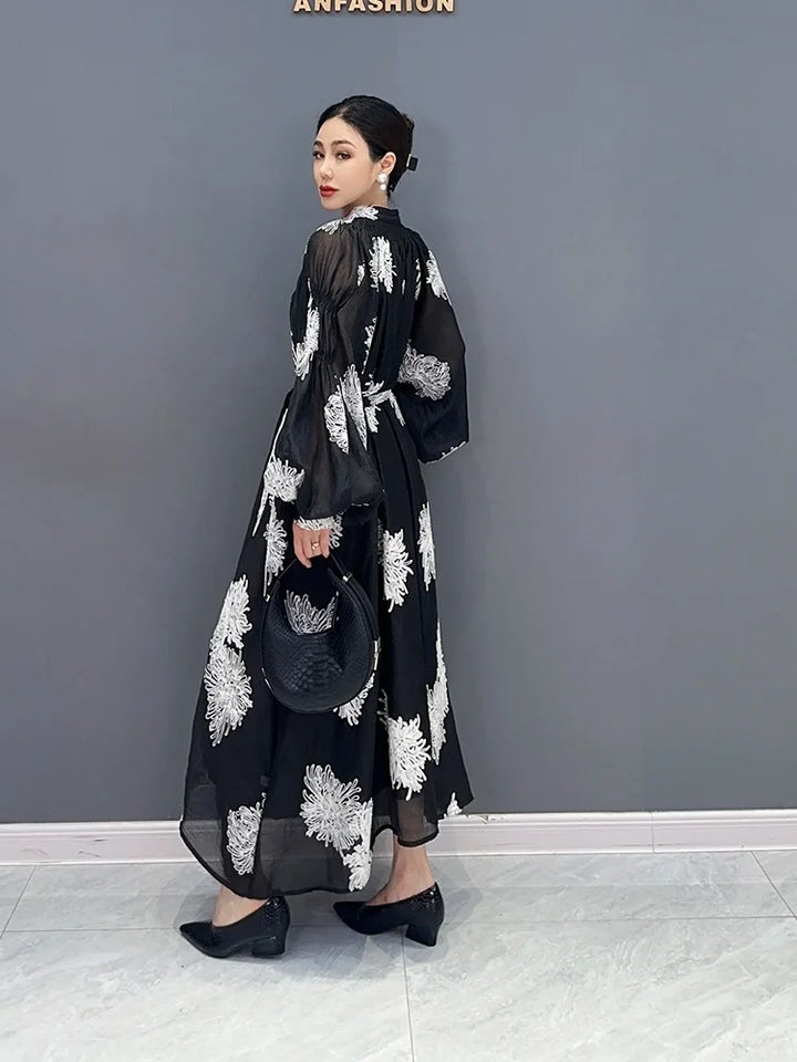 Stylish Black Fragmented Flower Dress - 2023 Autumn Collection - Size: One, Length: 115cm, Bust: 116cm