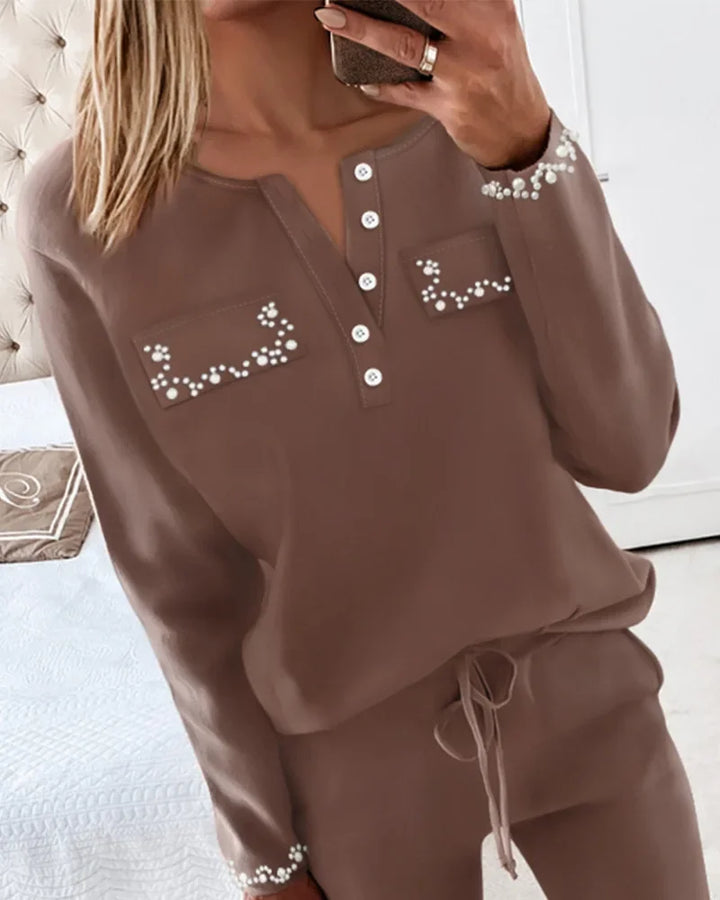 Stylish Autumn 2023 Two-Piece Set for Women - Elegant Pearl Detail, Elastic Waist, Full Sleeve Top with Straight Pants