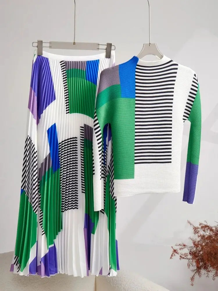 Women's Jacquard Striped 2-Piece Set: Top + Miyake Skirt Suit