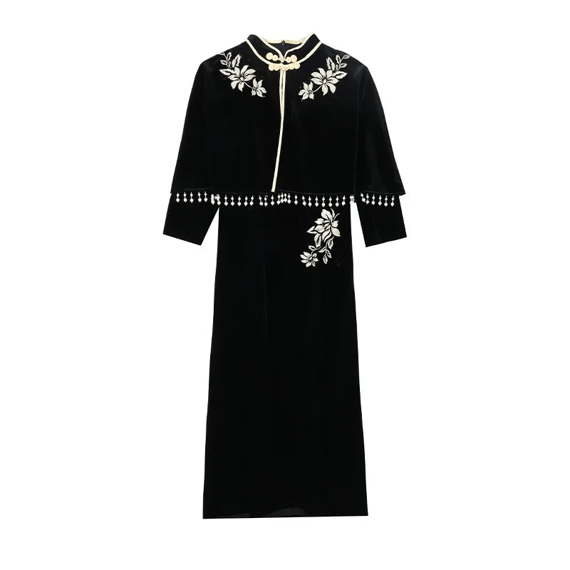Vintage Chinese Embroidery Midi Dress - Elegant Two Piece Set for Autumn Winter Parties