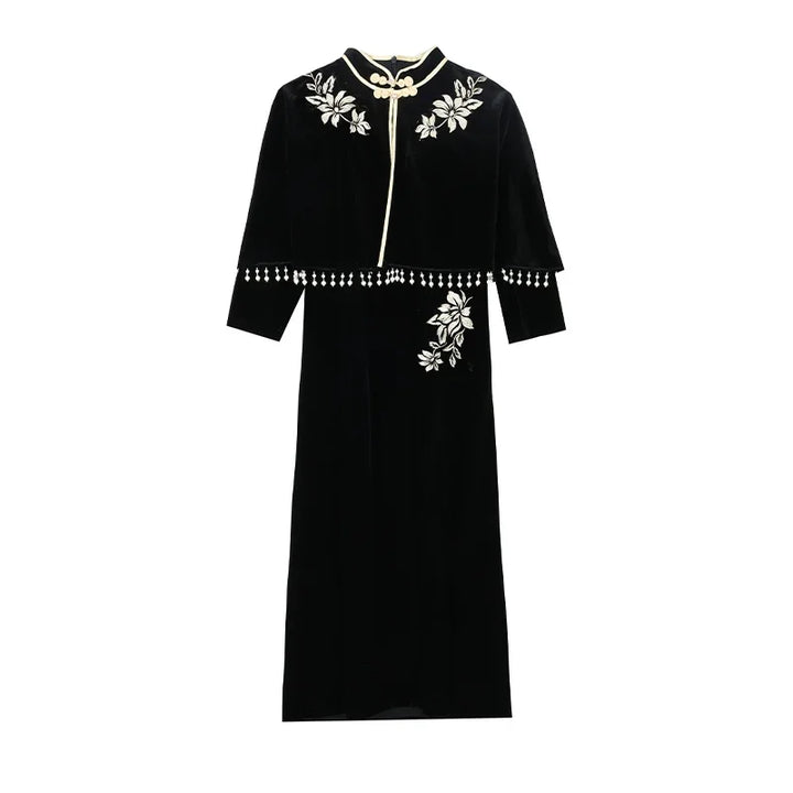 Vintage Chinese Embroidery Midi Dress - Elegant Two Piece Set for Autumn Winter Parties