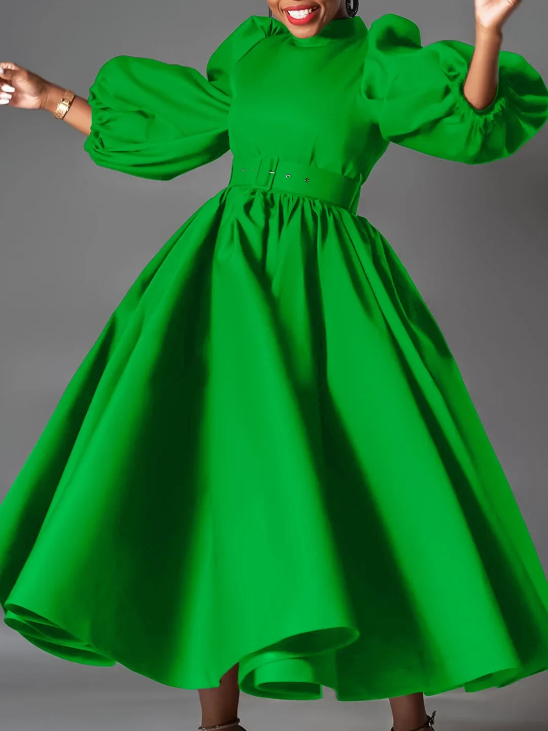 Puff Sleeve Elegant A-Line Pleated Dress Eevning Satin Fashion Wedding Guest Cocktail Long Dress Vintage Dress with Belt