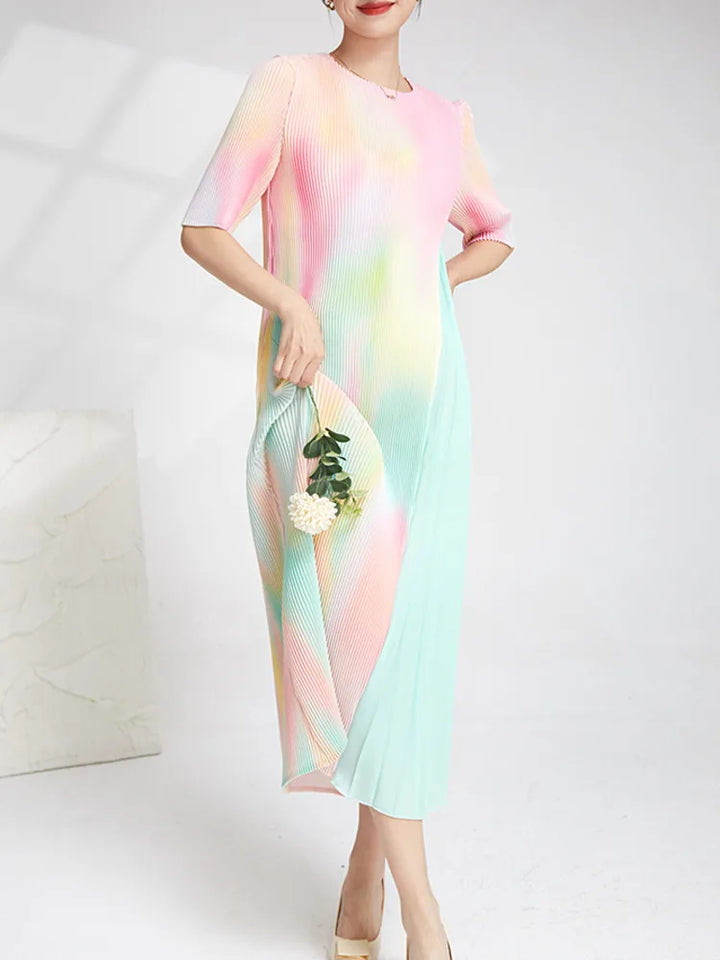 LANMREM Gradient Patchwork Dress - 2024 Spring Collection - O-neck Half Sleeves - Female Clothes