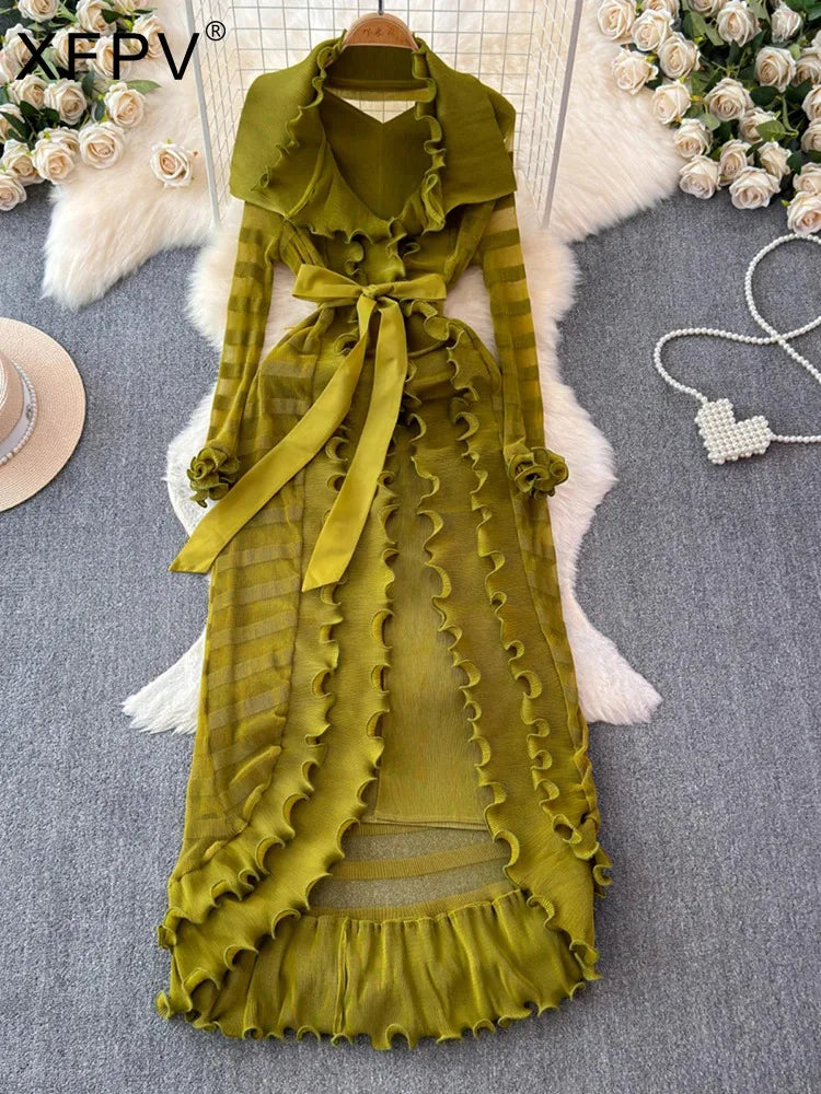 Lotus Leaf Edge Long Pleated Dress - Y2K Fashion SM11380