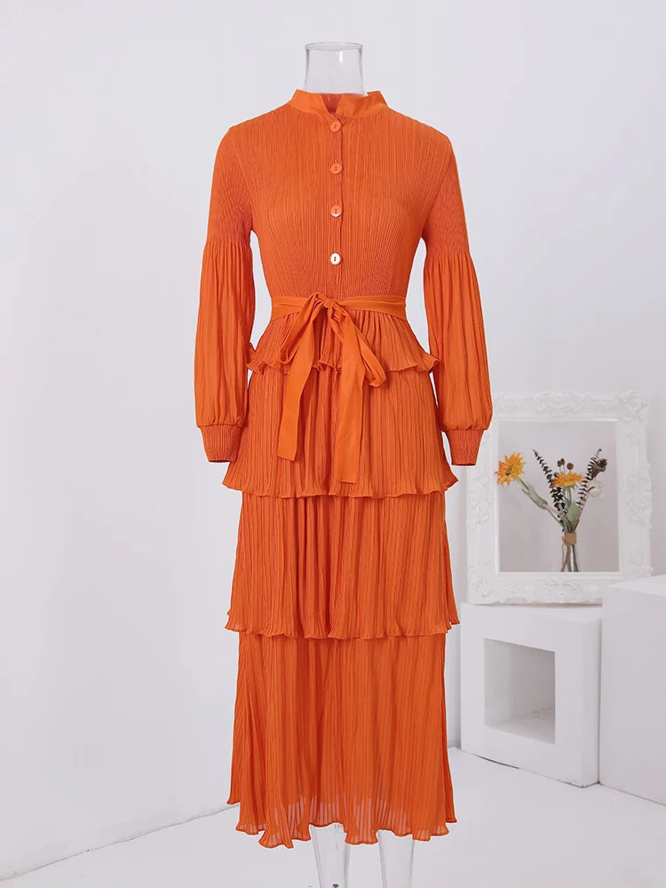 LANMREM Pleated Dress with Stand Collar